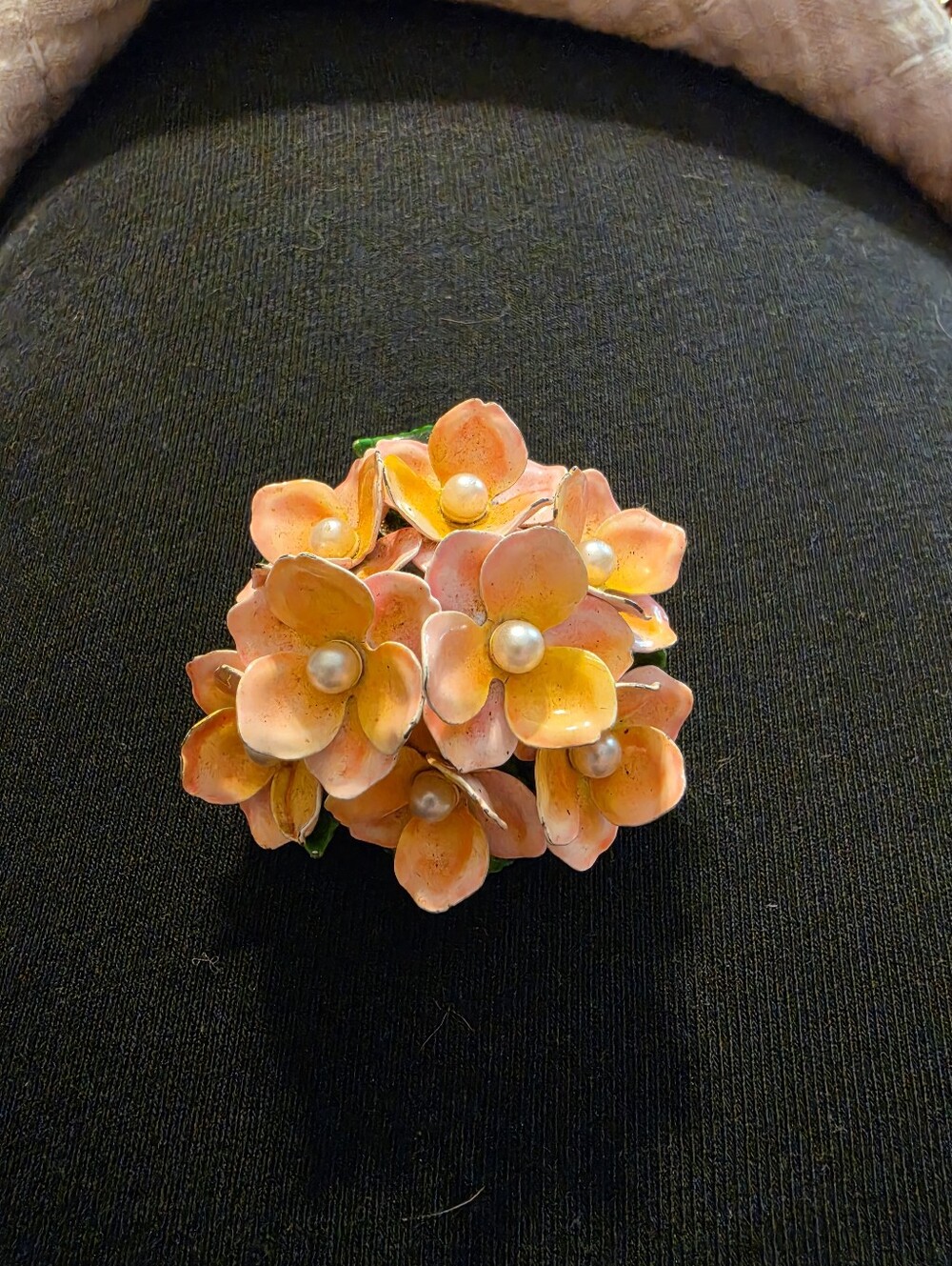 Vintage Orange Enamel Flower Brooch with Pearl Centers